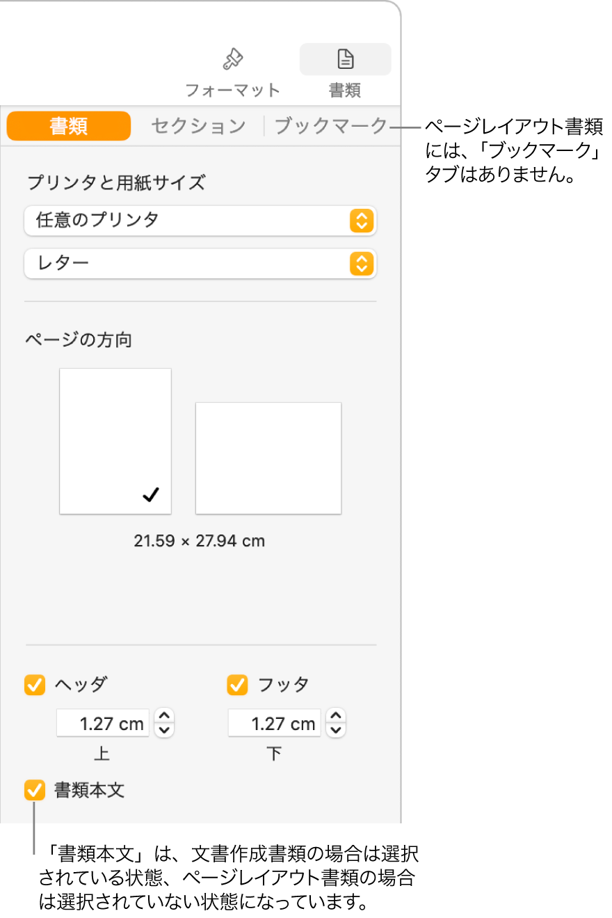 「フォーマット」サイドバー。上部に「書類」、「セクション」、「ブックマーク」の各タブが表示された状態。「書類」タブが選択されていて、「ブックマーク」タブへのコールアウトに、ページレイアウト書類には「ブックマーク」タブがないことが示されています。「書類本文」チェックボックスが選択されています。これが文書作成書類であることも示しています。