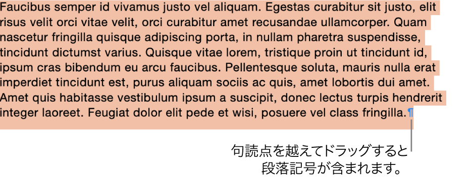 選択されている段落。選択部分に段落記号が含まれています。