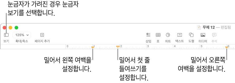 왼쪽 여백 제어기 및 첫 번째 행 들여쓰기 제어기가 있는 눈금자.