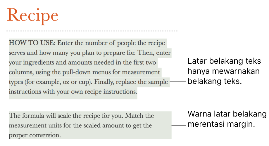 Satu perenggan dengan warna hanya di belakang teks dan perenggan kedua dengan warna di belakangnya yang dilanjutkan daripada margin ke margin dalam blok.