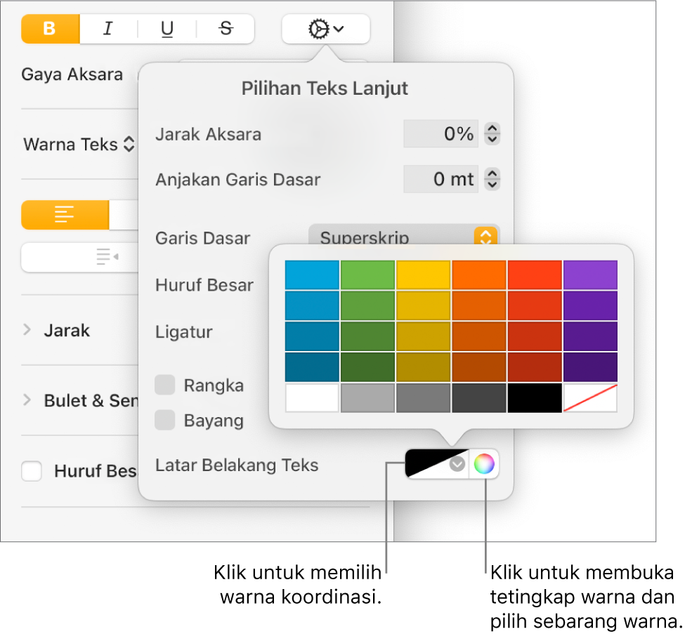 Kawalan untuk memilih warna latar belakang teks.