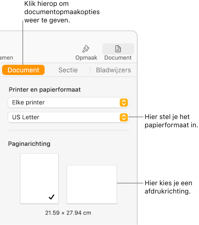 De navigatiekolom 'Document' waarin bovenaan de tab 'Document' is geselecteerd. De navigatiekolom bevat een venstermenu voor het instellen van het papierformaat en knoppen voor de paginarichting (staand en liggend).