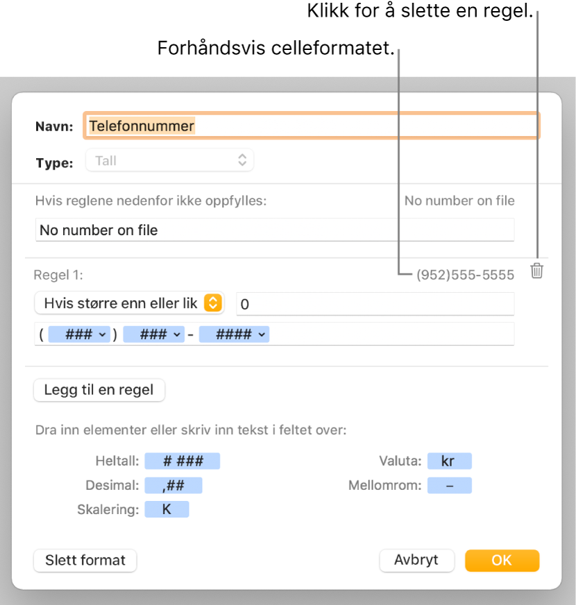 Tilpasset celleformat-vinduet, med kontroller for å velge tilpasset tallformatering.