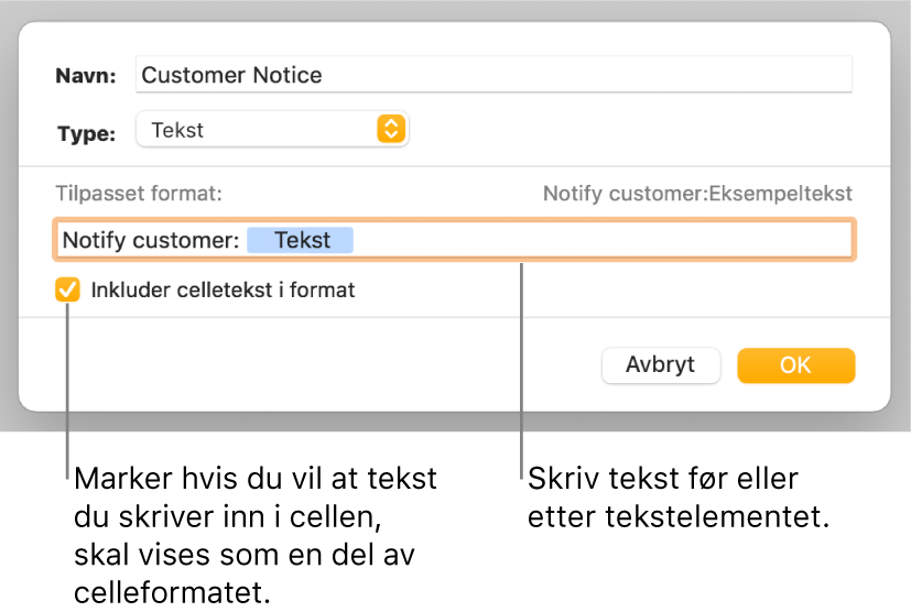 Tilpasset celleformat-vinduet, med kontroller for å velge tilpasset tekstformatering.