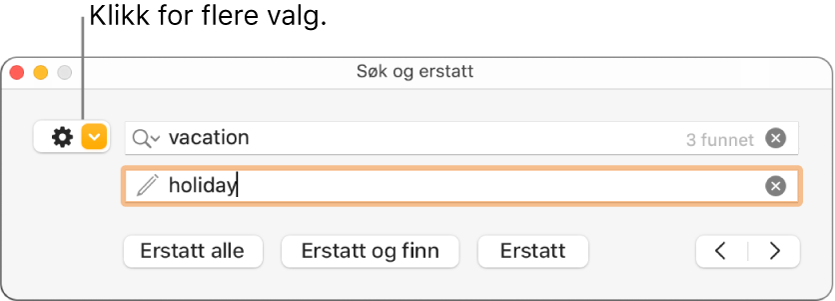 Søk og erstatt-vinduet, med en forklaring for lokalmenyen som viser flere valg.