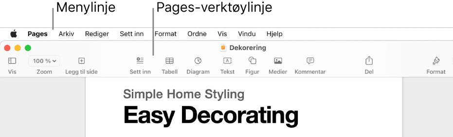 Menylinjen øverst på skjermen med menyene Apple, Pages, Arkiv, Rediger, Sett inn, Format, Ordne, Vis, Del, Vindu og Hjelp. Under menylinjen er det et åpent Pages-dokument med verktøylinjeknapper øverst for Vis, Zoom, Legg til side, Sett inn, Tabell, Diagram, Tekst, Figur, Medier og Kommentar.