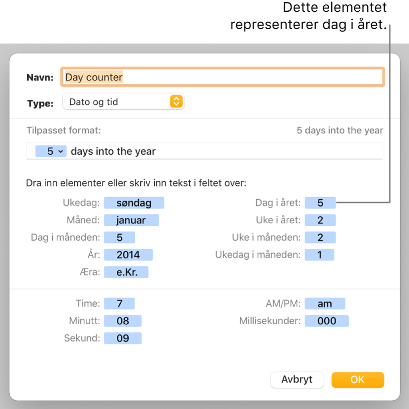 Tilpasset celleformat-vinduet, med kontroller for å velge tilpasset dato- og tidformatering.