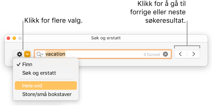 Søk og erstatt-vinduet, med lokalmenyen viser alternativer for Finn, Søk og erstatt, Hele ord og Store/små bokstaver. Pilene til høyre lar deg hoppe til forrige eller neste søkeresultat.