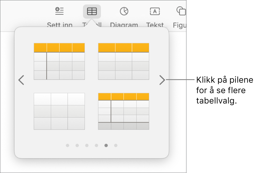 Legg til tabell-menyen, med navigeringspiler.