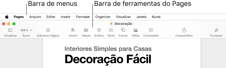 Barra de menus na parte superior da tela com os menus Apple, Pages, Arquivo, Editar, Inserir, Formatar, Organizar, Visualizar, Janela e Ajuda. Abaixo da barra de menus está um documento do Pages aberto com botões da barra de ferramentas ao longo da parte superior: Visualizar, Zoom, Adicionar Página, Inserir, Tabela, Gráfico, Texto, Forma, Mídia, Comentário, Compartilhar e Formatar.