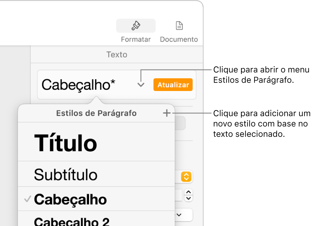 Menu Estilos de Parágrafo, exibindo os controles para adicionar ou alterar um estilo.