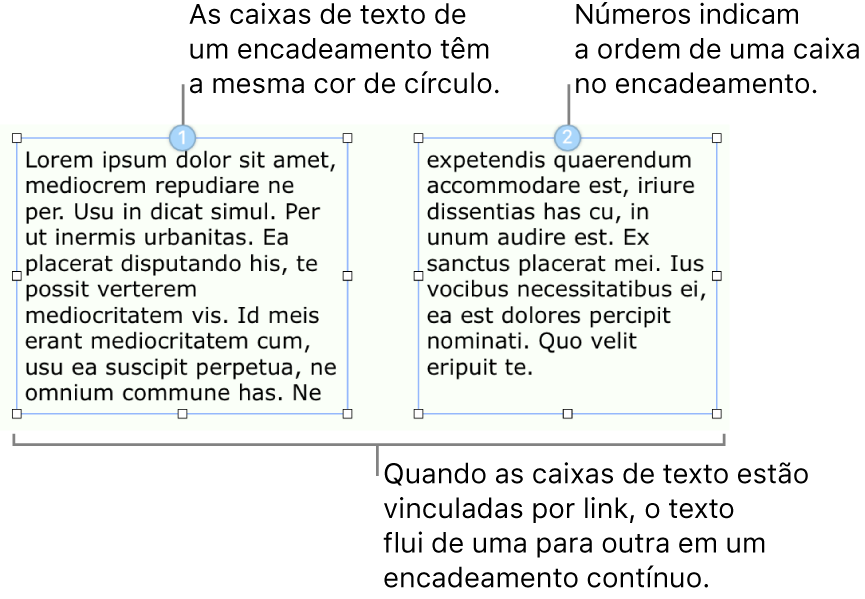 Duas caixas de texto com círculos azuis no topo e os números 1 e 2 nos círculos.