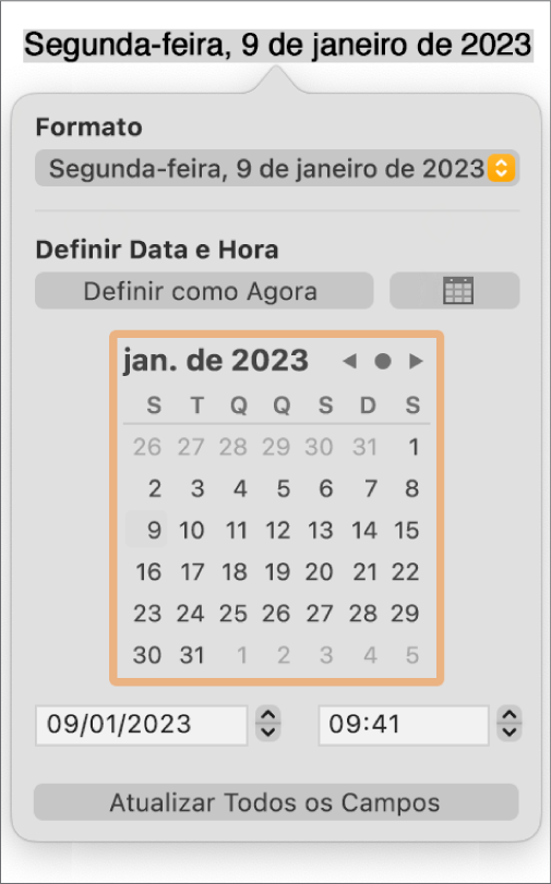 Controles de Data e Hora mostrando um menu pop-up para Formatar e os controles de Definir Data e Hora.