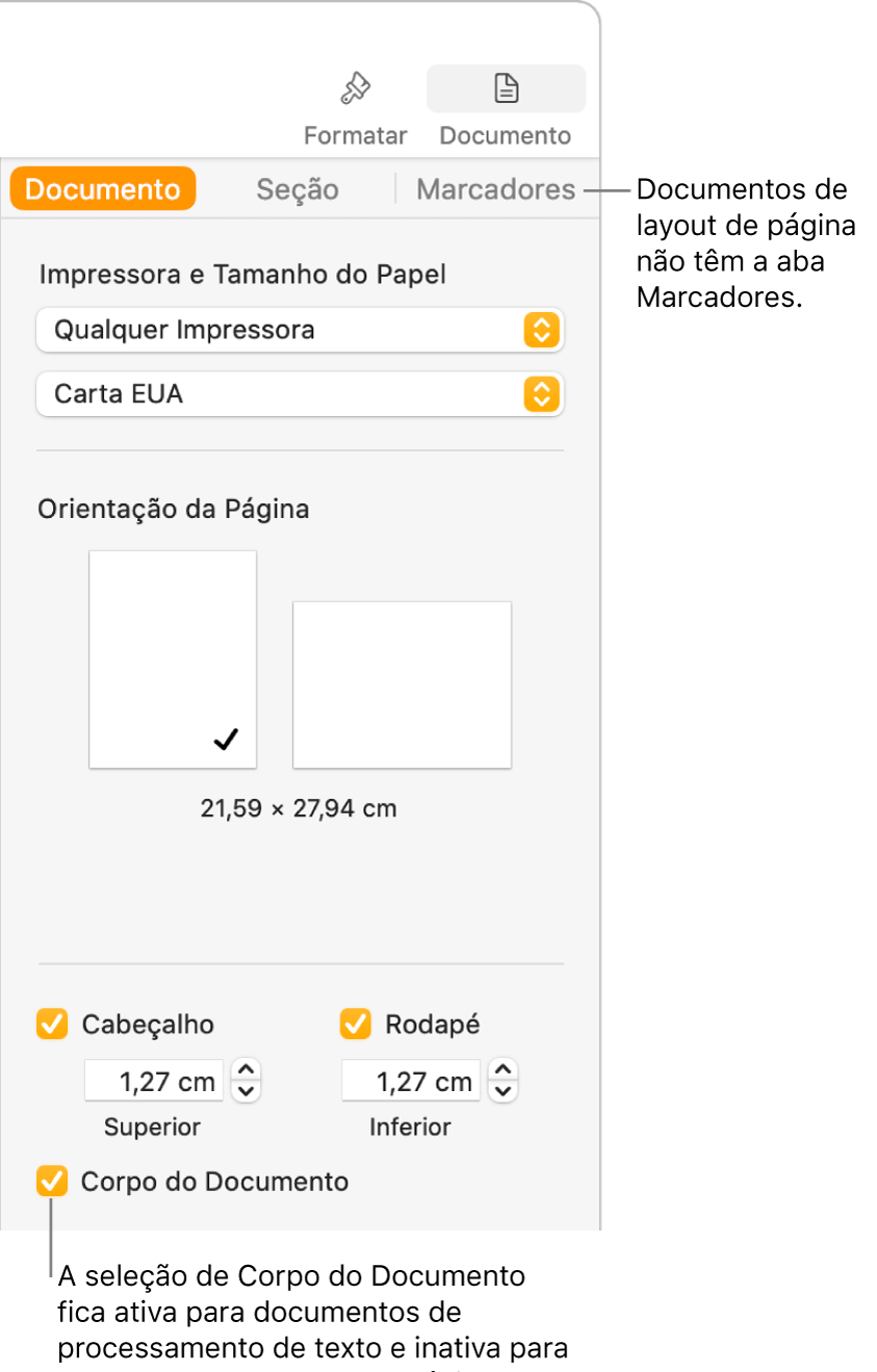 Barra lateral Formatar, com as abas Documento, Seção e Marcadores na parte superior. A aba Documento está selecionada e um balão explicativo para a aba Marcadores diz que documentos de layout de página não possuem a aba Marcadores. A opção Corpo do Documento está selecionada, o que também indica que este é um documento de processamento de texto.