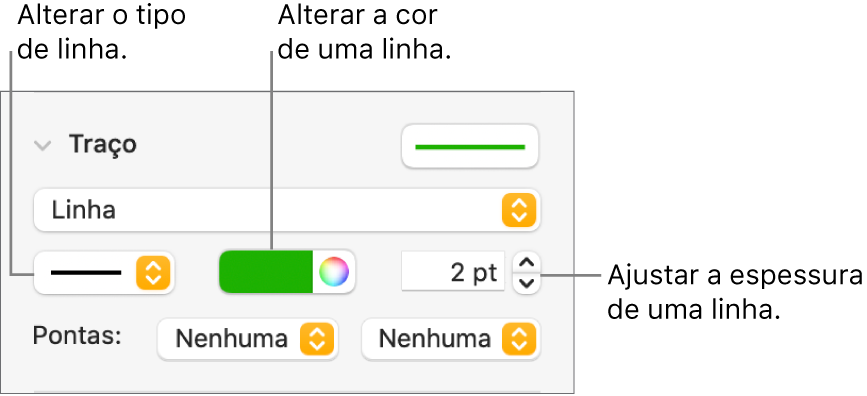 Controlos de traço para definir pontos finais, a espessura da linha e a cor.