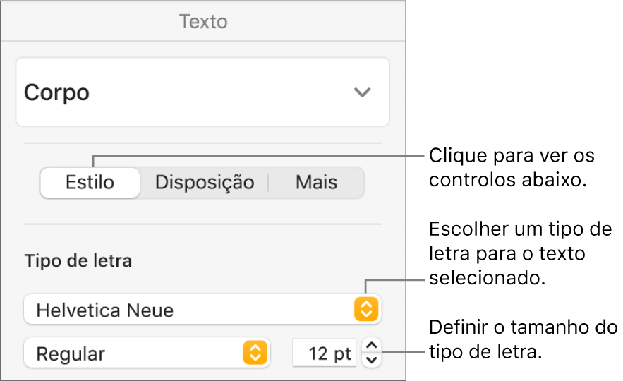 Controlos de texto na secção Estilo da barra lateral Formatação para definir tipo de letra e tamanho do tipo de letra.