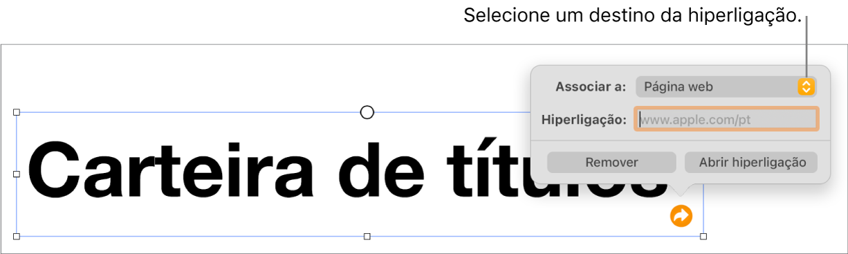 Os controlos do editor de hiperligações com a página web selecionada e os botões Remover hiperligação e Abrir hiperligação na parte inferior.