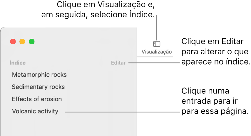 O índice no lado esquerdo da janela do Pages com o botão Editar no canto superior direito da barra lateral e as entradas do índice na lista. O botão Visualização encontra-se no canto superior esquerdo da barra de ferramentas do Pages, por cima da barra lateral.