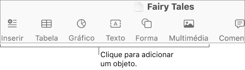 A barra de ferramentas do Pages com os botões Inserir, Tabela, Gráfico, Texto, Forma e Multimédia.