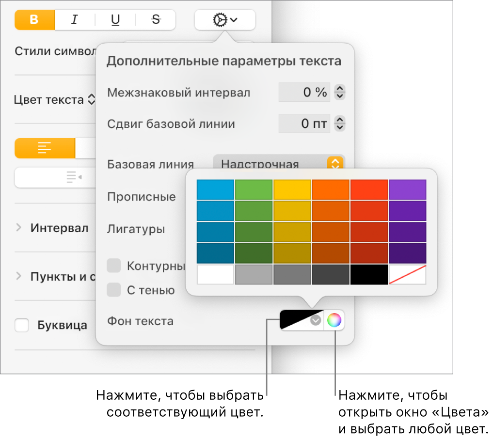 Элементы управления, позволяющий выбрать цвет фона текста.