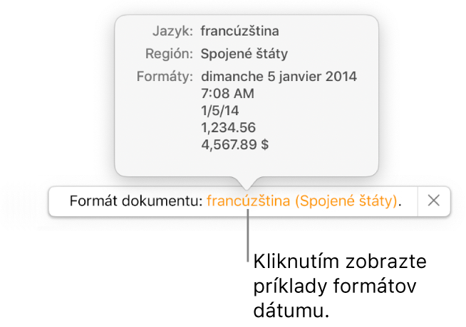 Hlásenie o inom jazyku a nastavení regiónu zobrazujúce príklady formátovania v danom jazyku a regióne.