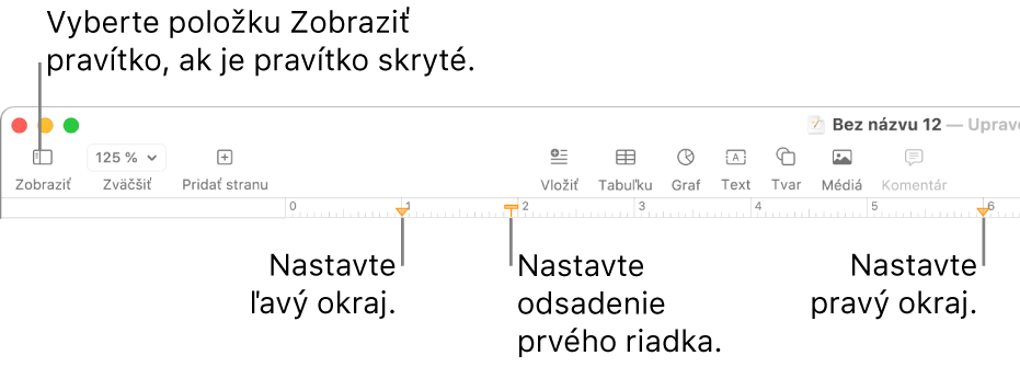 Pravítko s ovládacím prvkom ľavého okraja a ovládacím prvkom odsadenia prvého riadka.