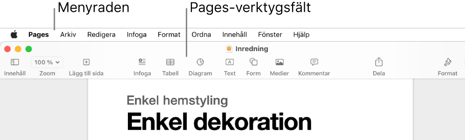 Menyraden överst på skärmen med menyerna Apple, Pages, Arkiv, Redigera, Infoga, Format, Ordna, Innehåll, Fönster och Hjälp. Nedanför menyraden visas ett öppet Pages-dokument med knappar i verktygsfältet överst för vy, zooma, lägga till sida, infoga, tabell, diagram, text, form, medier, kommentar, delning och format.