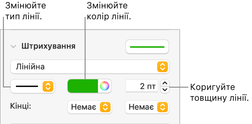 Елементи керування штрихуванням для визначення кінцевих точок, товщини ліній і кольору.