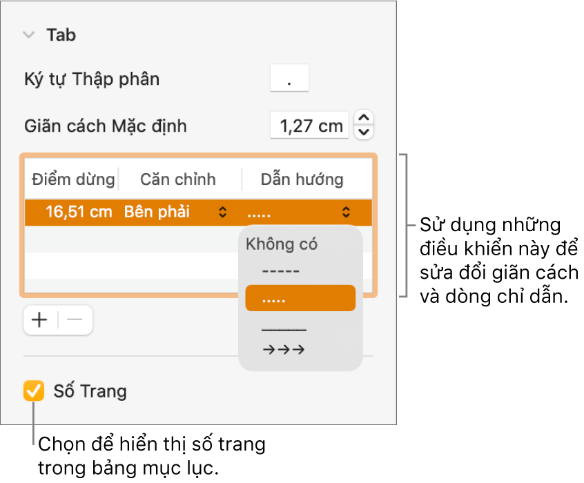 Phần Tab của thanh bên Định dạng. Bên dưới Giãn cách mặc định là một bảng với các cột Dừng, Căn chỉnh và Chỉ dẫn. Hộp kiểm Số trang xuất hiện được chọn và xuất hiện bên dưới bảng.