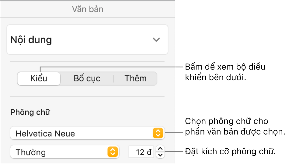 Các điều khiển văn bản trong phần Kiểu của thanh bên Định dạng để đặt phông chữ và kích cỡ phông chữ.