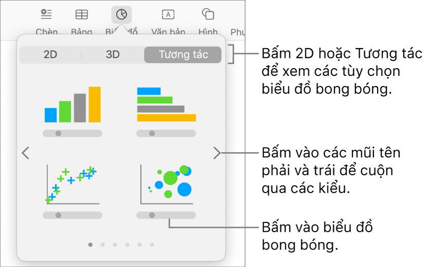 Menu Thêm biểu đồ đang hiển thị biểu đồ tương tác, đang chỉ thị tùy chọn biểu đồ bong bóng.