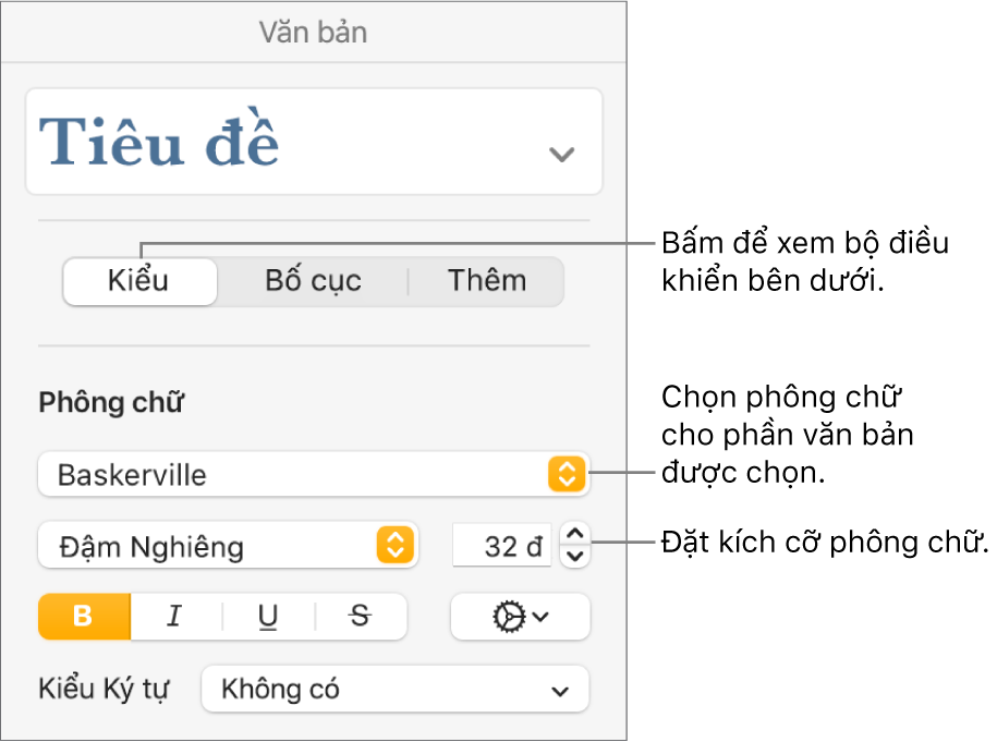 Các điều khiển văn bản trong phần Kiểu của thanh bên Định dạng để đặt phông chữ và kích cỡ phông chữ.