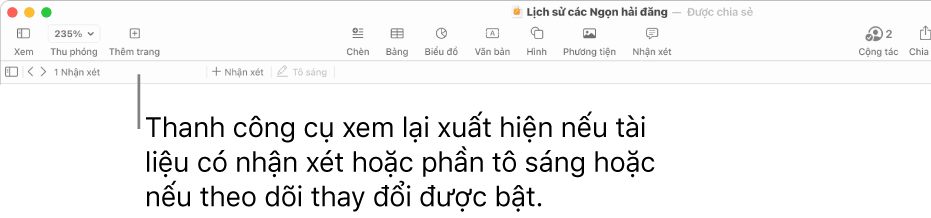 Thanh công cụ Pages ở đầu màn hình với các nút dọc trên cùng cho Xem, Thu phóng, Thêm trang, Chèn, Bảng, Biểu đồ, Văn bản, Hình, Phương tiện và Nhận xét. Bên dưới thanh công cụ Pages là thanh công cụ kiểm tra với nút ẩn hoặc hiển thị nhận xét, các mũi tên để đi tới nhận xét trước đó hoặc tiếp theo, tổng số nhận xét và các nút thêm nhận xét hoặc vùng tô sáng.