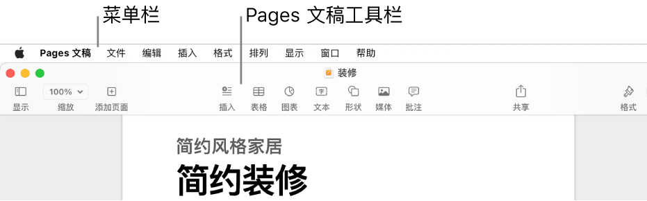 屏幕顶部的菜单栏是苹果、“Pages 文稿”、“文件”、“编辑”、“插入”、“格式”、“排列”、“显示”、“共享”、“窗口”和“帮助”菜单。菜单栏下方是打开的 Pages 文稿，顶部一排是工具栏按钮：显示、缩放、添加页面、插入、表格、图表、文本、形状、媒体和批注。