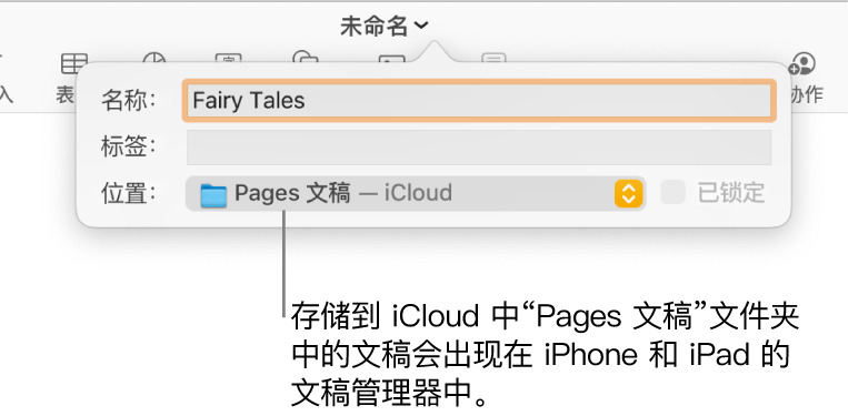 在“地点”弹出式对话框中选择“Pages 文稿— iCloud”的文稿的“存储”对话框。