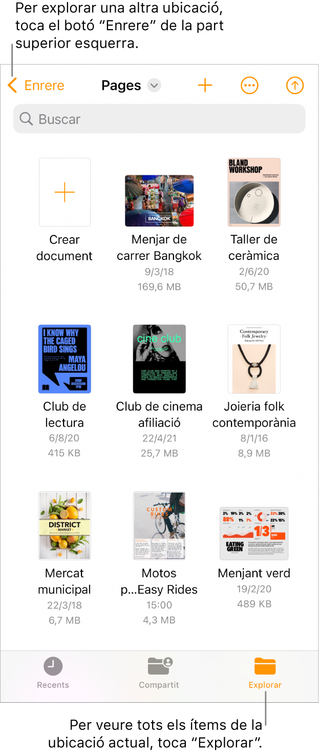 Vista d’exploració del gestor de documents amb un enllaç d’ubicació a la cantonada superior esquerra i un camp de cerca a sota. A l’angle superior dret, hi ha el botó “Afegir un document” i el botó Més. A la part inferior de la pantalla hi ha el botó Recents i el botó Explorar.