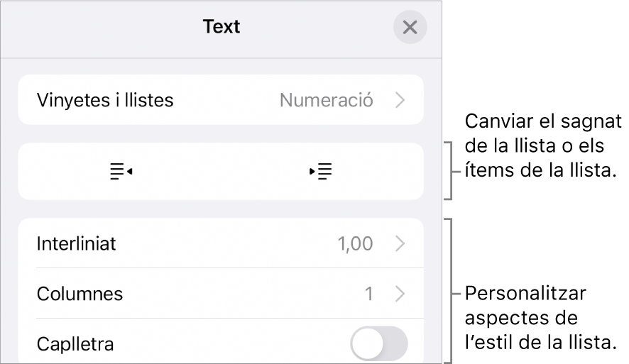 El menú “Editar l’estil de llista” en què es mostren els controls de l’espaiat de sagnat, tipus i format de la llista, numeració progressiva i interlineat.