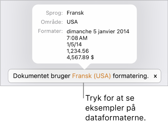 Notifikationen om de forskellige indstillinger af sprog og område, der viser eksempler på den formatering, som hører til sproget og området.