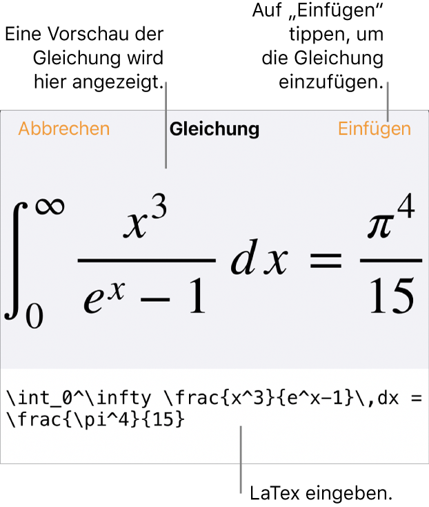 Im Dialogfenster „Gleichung“ wird eine Gleichung angezeigt, die mit LaTex-Befehlen geschrieben wurde, darüber wird eine Vorschau der Formel angezeigt.