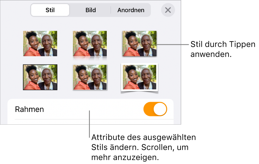 Der Tab „Stil“ des Menüs „Format“ mit Objektstilen oben und darunter einem Steuerelement zum Ändern des Rahmens