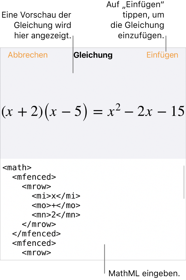 Im Dialogfenster „Gleichung“ wird eine Gleichung angezeigt, die mit MathML-Befehlen geschrieben wurde, darüber wird eine Vorschau der Formel angezeigt.