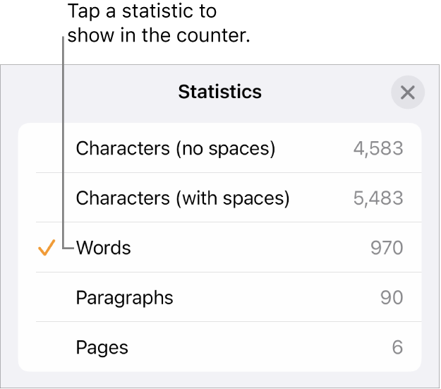 The Statistics menu showing options to show the number of characters with and without spaces, words count, paragraph count and page count.