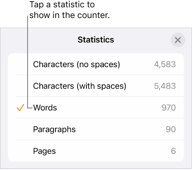 The Statistics menu showing options to show the number of characters without and with spaces, words count, paragraph count, and page count.