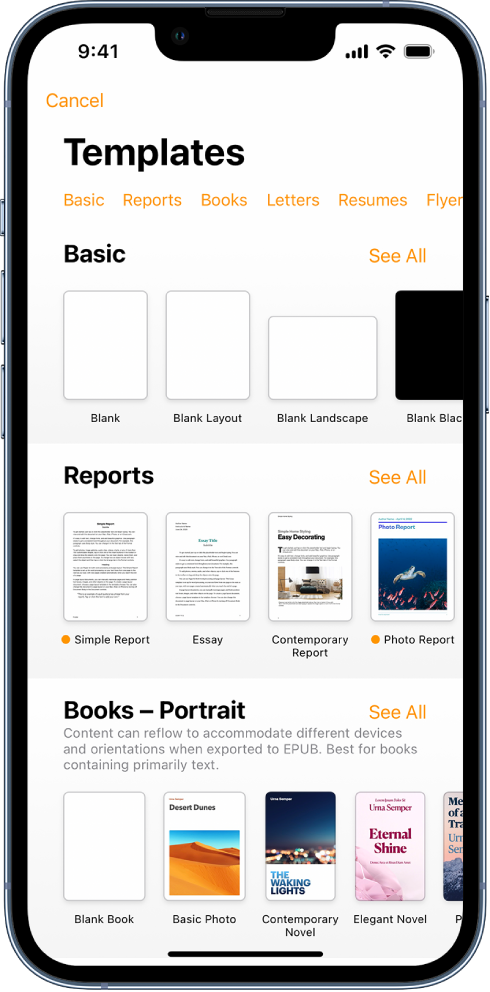 The template chooser, showing a row of categories across the top that you can tap to filter the options. Below are thumbnails of predesigned templates arranged in rows by category, starting with New at the top and followed by Recents and Basic. A See All button appears above and to the right of each category row.