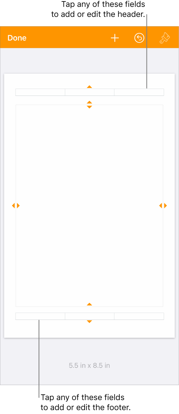 The More Options view with three fields at the top of the document for headers and three fields at the bottom for footers.