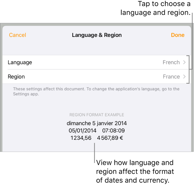 Language and Region pane with controls for language and region, and a format example including date, time, decimal, and currency.