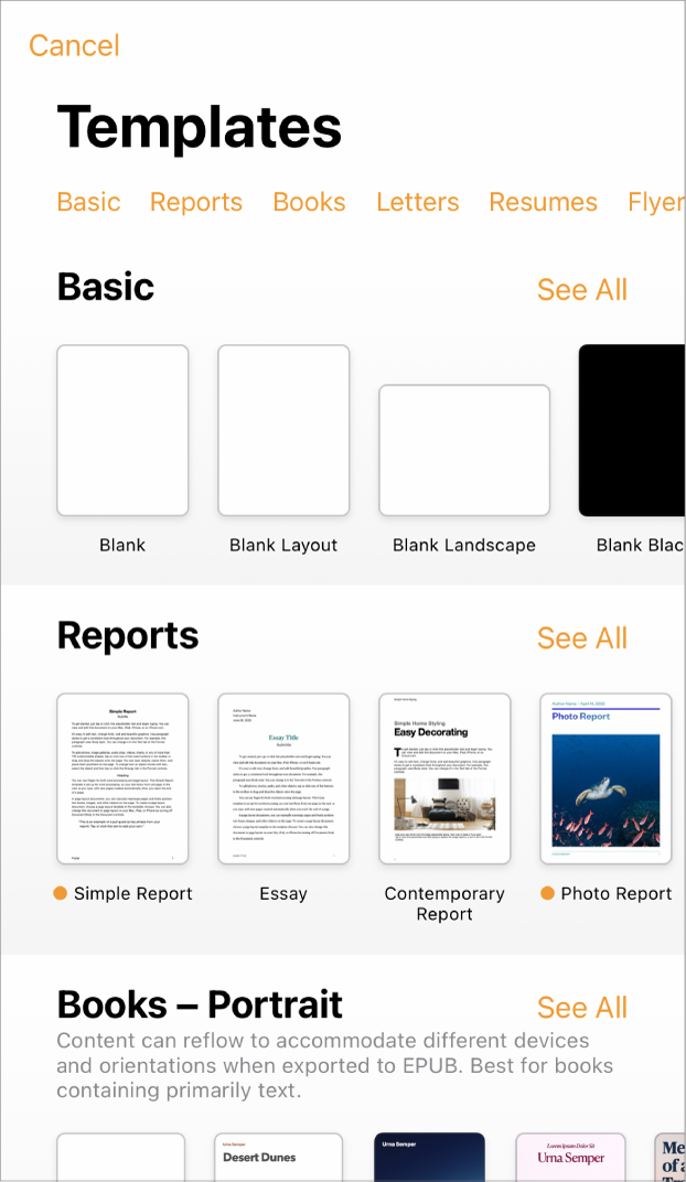 The template chooser, showing a row of categories across the top that you can tap to filter the options. Below are thumbnails of predesigned templates arranged in rows by category, starting with New at the top and followed by Recents and Basic. A See All button appears above and to the right of each category row. The Language and Region button is in the top-right corner.