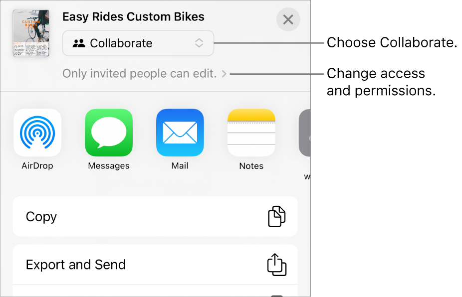 The Share menu with Collaborate selected at the top, and access and permission settings underneath.