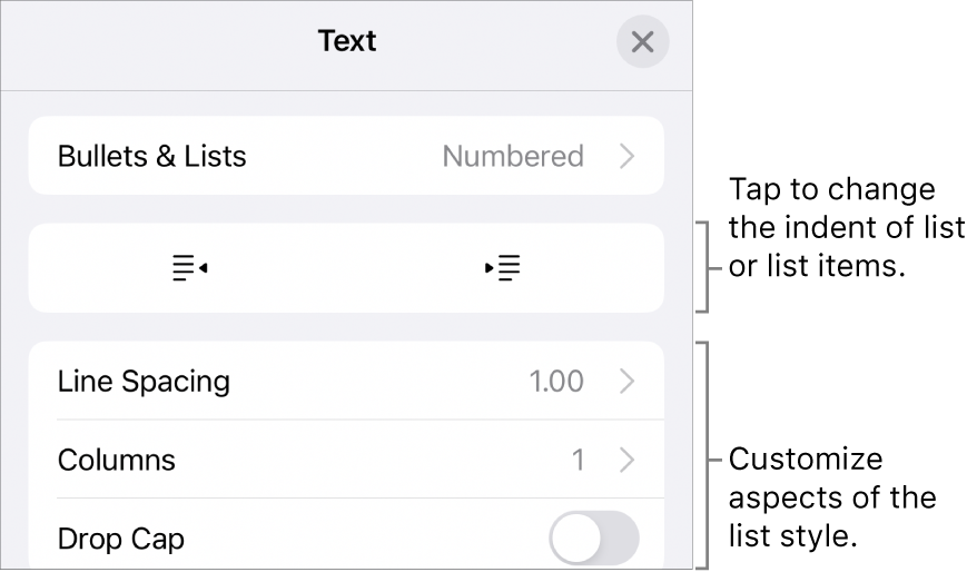 Edit List Style menu with controls for indent spacing, list type and format, tiered numbers, and line spacing.