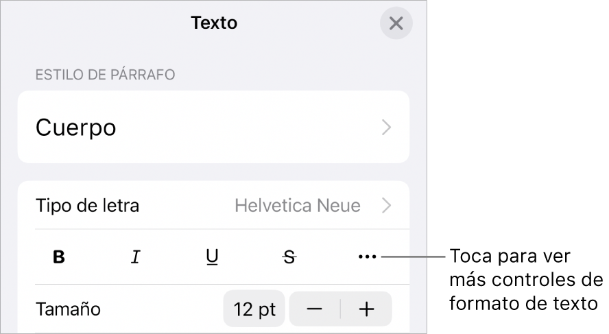 La pestaña Texto de los controles de formato, con un mensaje en el botón Más opciones de texto.